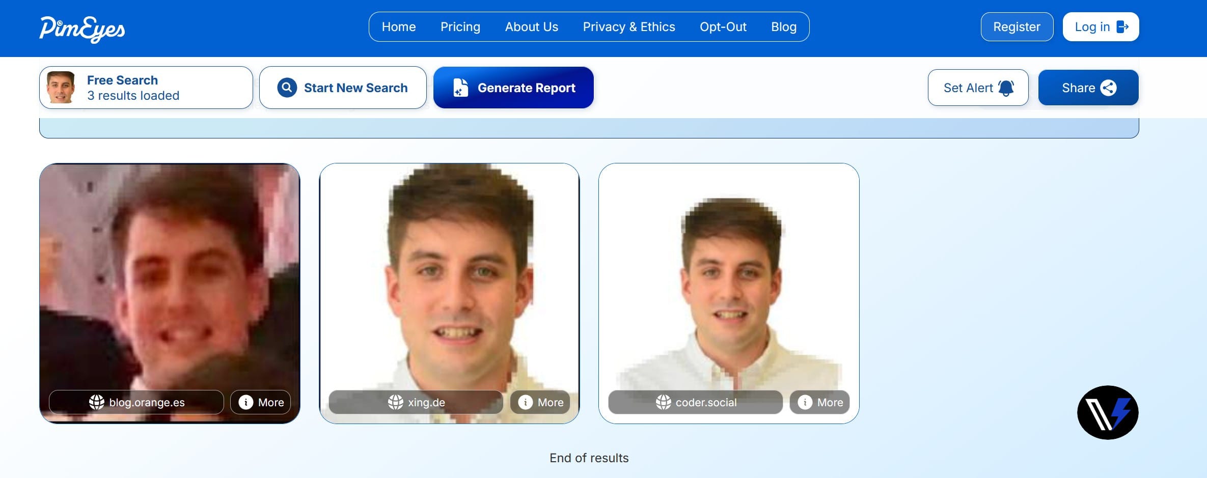 Pimeyes búsqueda gratuita reconocimiento facial Interfaz del panel de resultados en una búsqueda gratuita de PimEyes
