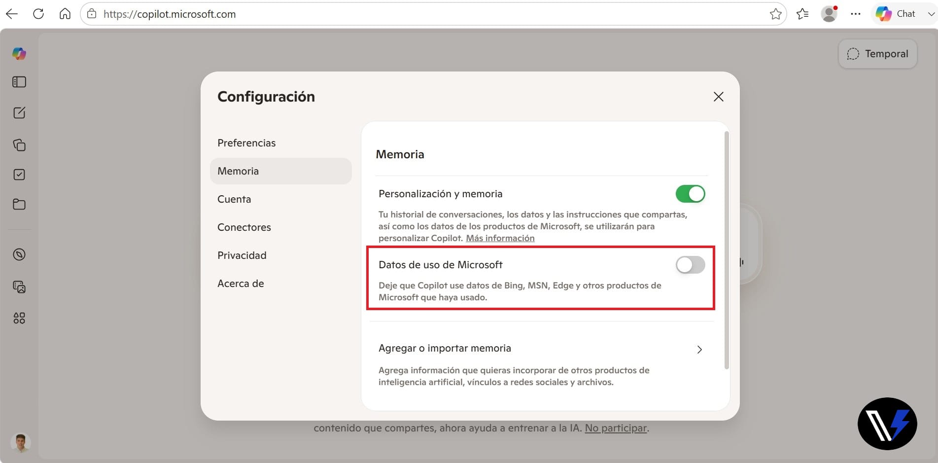 Ilustración de la opción para desactivar los Datos de uso de Microsoft en Copilot