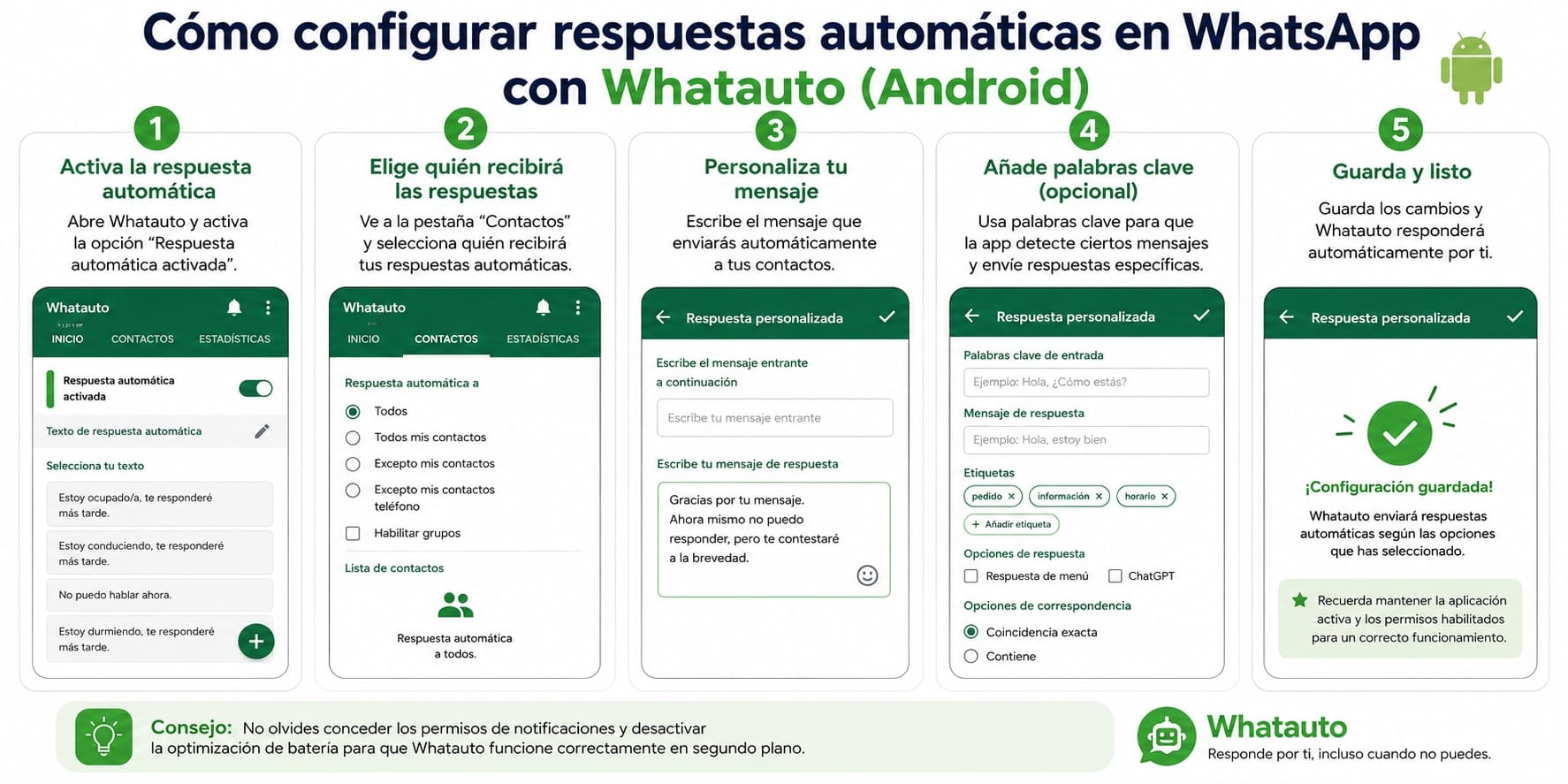 Cómo configurar respuestas automáticas en Android con Whatauto