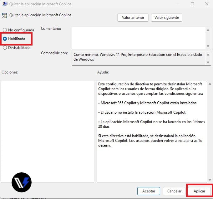 Ilustración de la opción para Habilitar quitar la aplicación Microsoft Copilot en Windows 11 Pro.