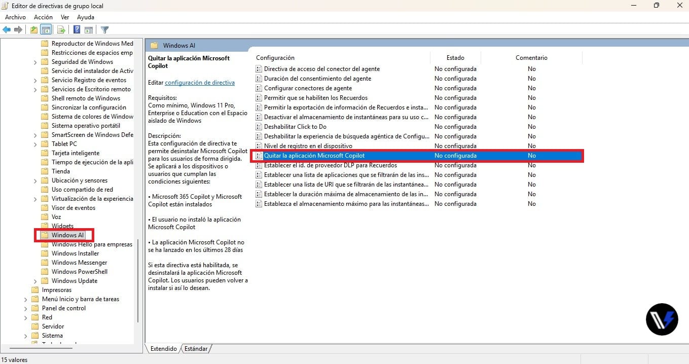 Ilustración de la opción para Quitar la aplicación Microsoft Copilot en Windows 11 Pro.
