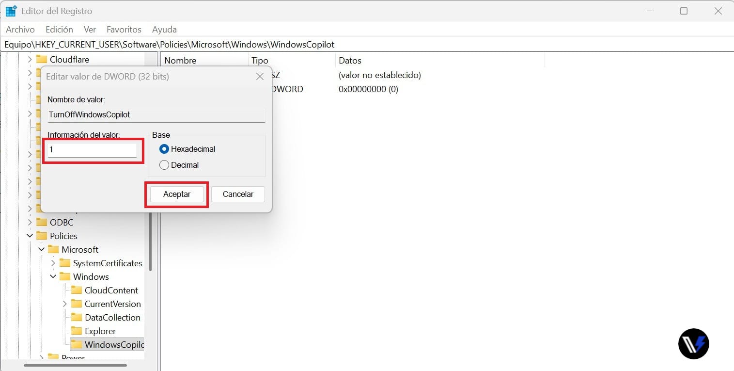Ilustración de opción para quitar Microsoft Copilot desde el registro de Windows en Windows 11 Home.