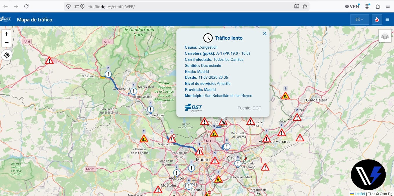 Mapa interactivo de la DGT mostrando incidencias de tráfico, obras y retenciones en tiempo real.