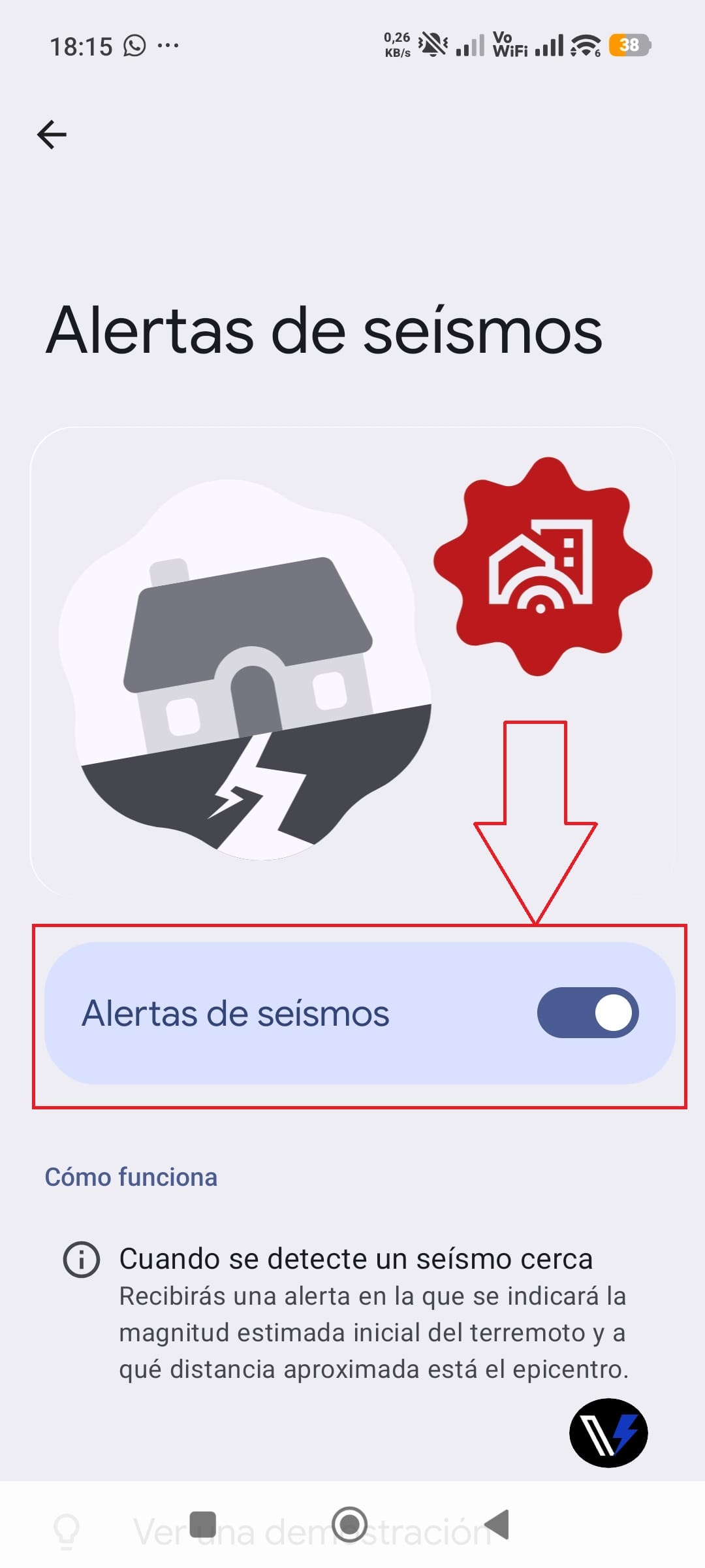 Captura de pantalla del ajuste Alerta de seísmos activado en un teléfono Android