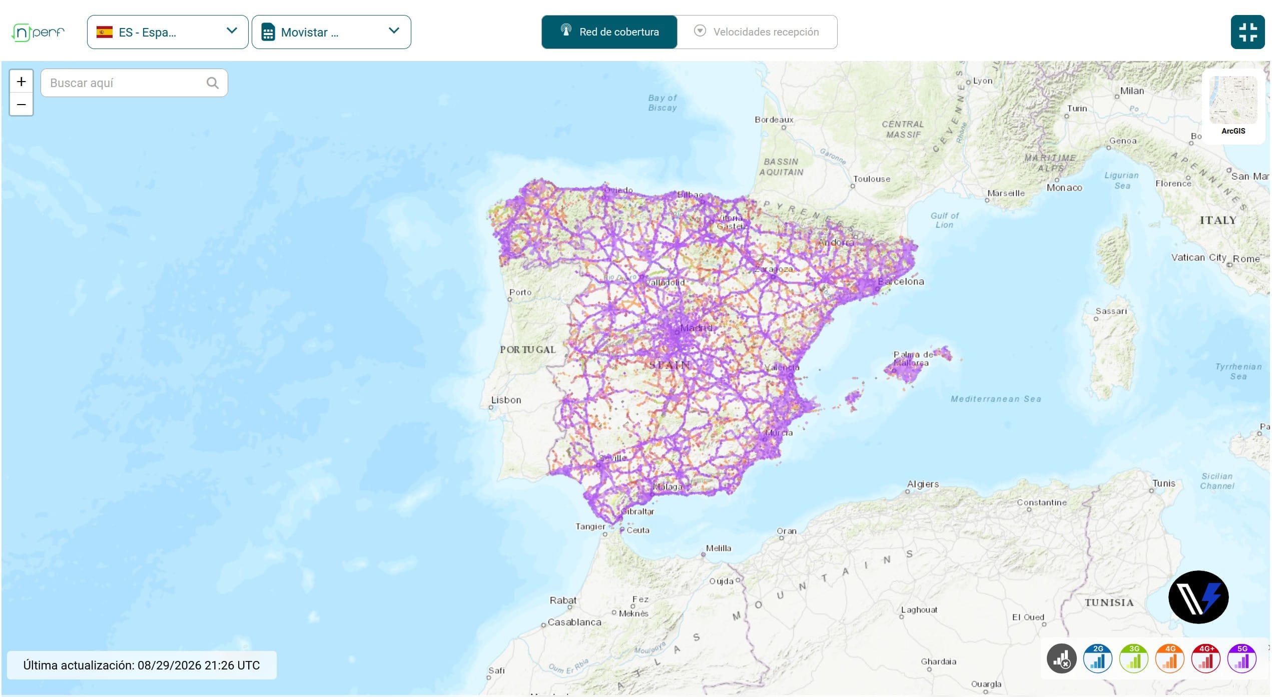 Mapa de cobertura móvil de nPerf en España con Movistar seleccionado