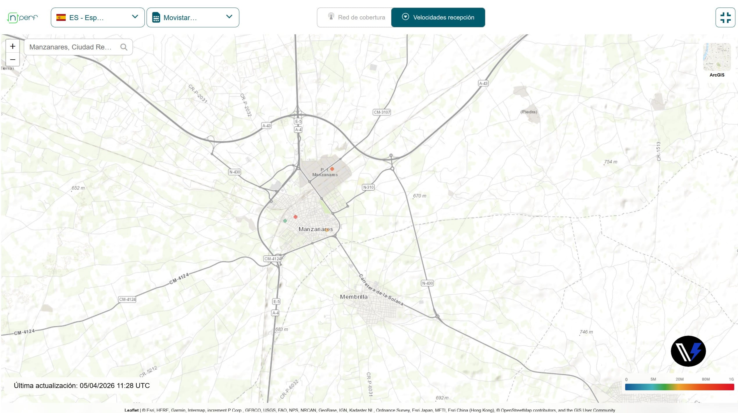 Mapa de velocidades de conexión móvil de nPerf en el municipio de Manzanares (Ciudad Real, España)