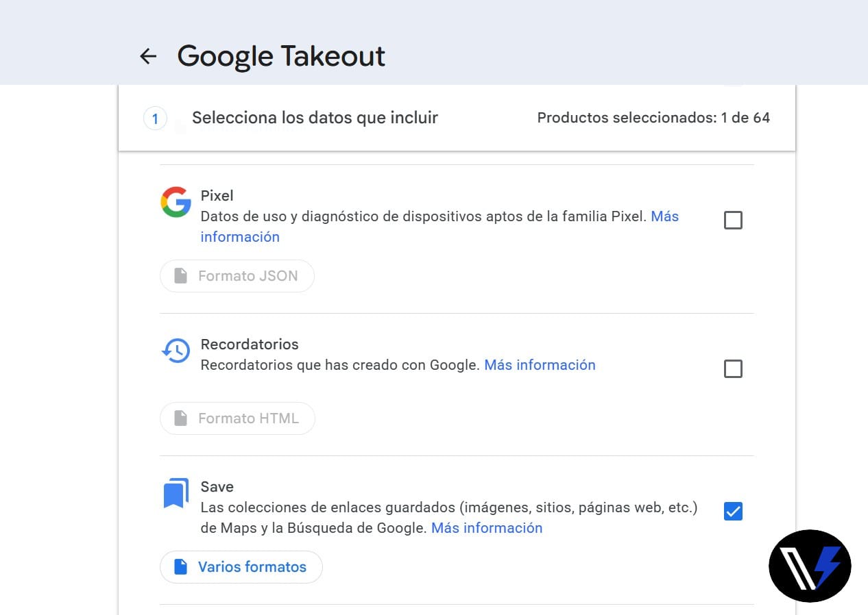 Captura de pantalla de la herramienta oficial Google Takeout mostrando seleccionada únicamente la casilla Save con el icono azul para exportar listas de mapas.